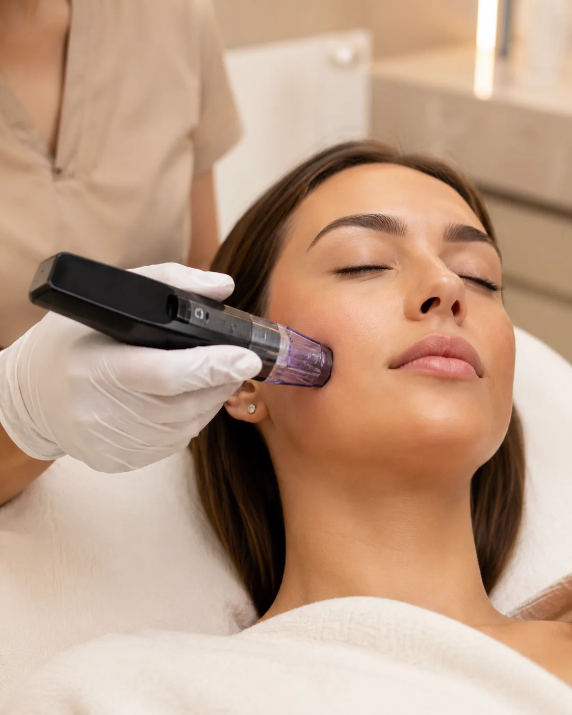 A clinician in gloves holding a handheld radiofrequency microneedling device beside a reclining client at Artistry Clinic.
