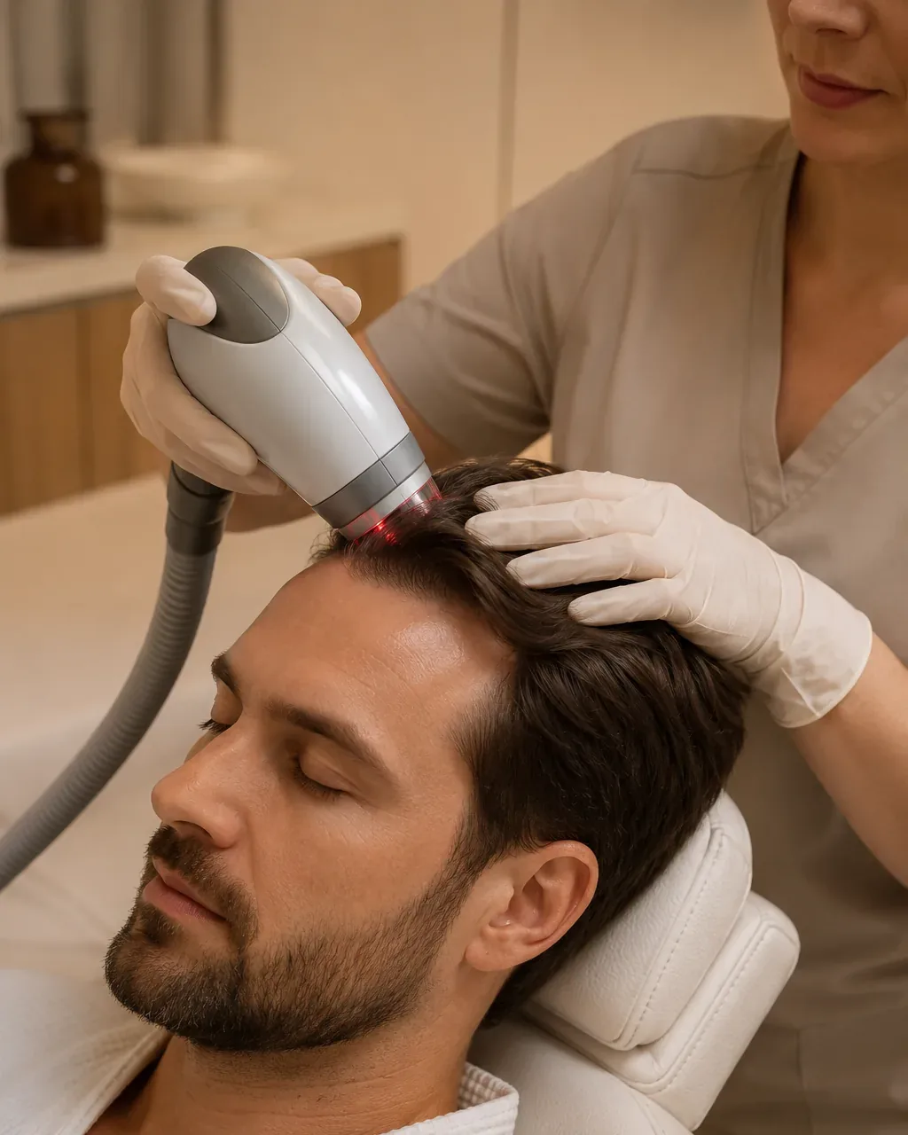 A clinician holding a handheld scalp device above a reclining client at Artistry Clinic.