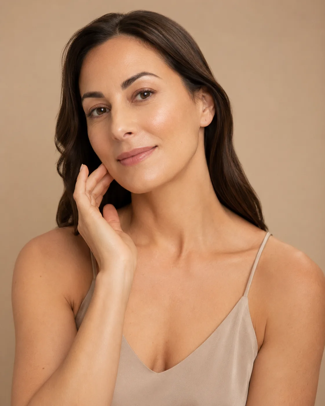 A woman resting one hand near her cheek, photographed against a warm neutral background at Artistry Clinic.