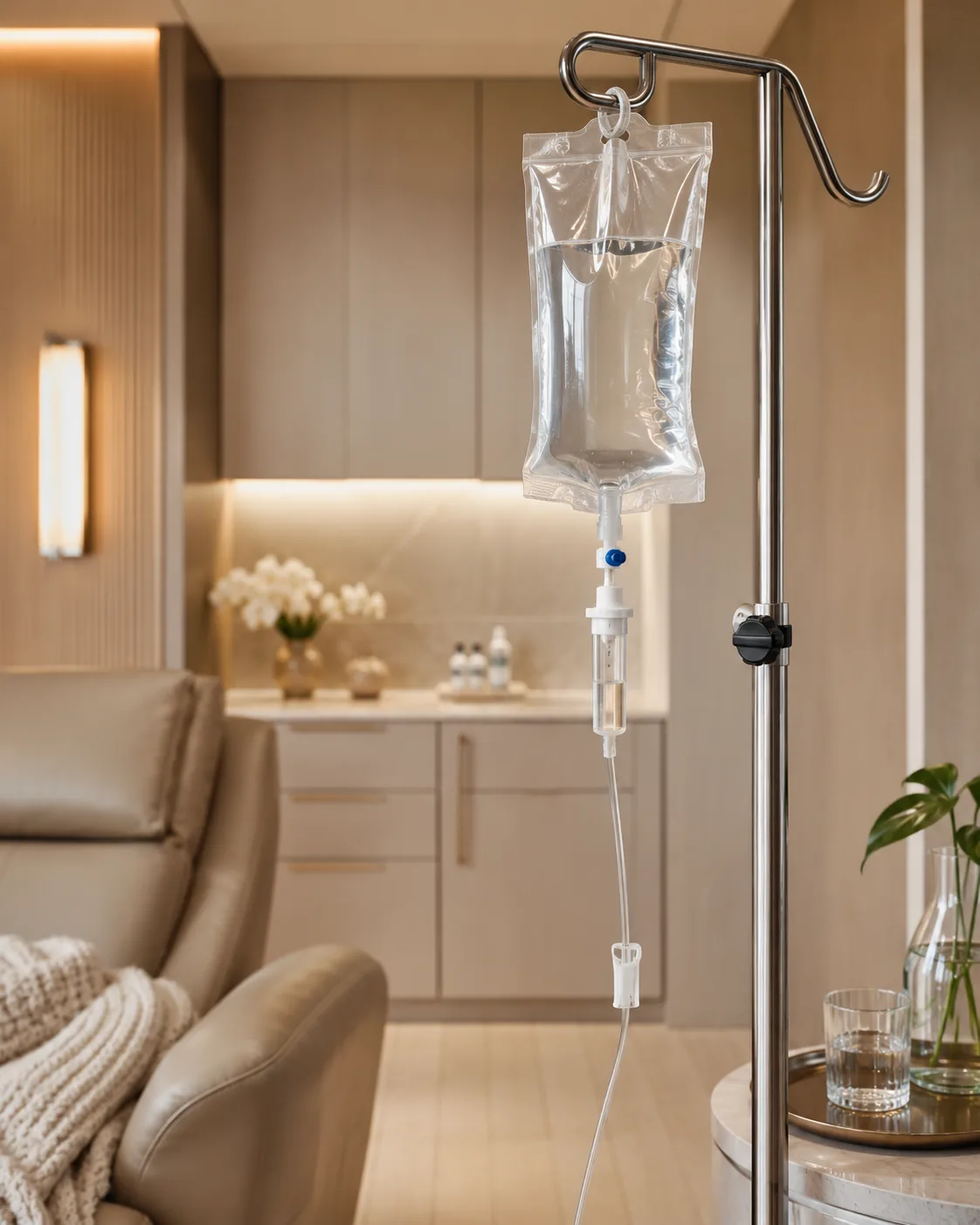 An intravenous drip bag on a stand in the infusion room at Artistry Clinic.