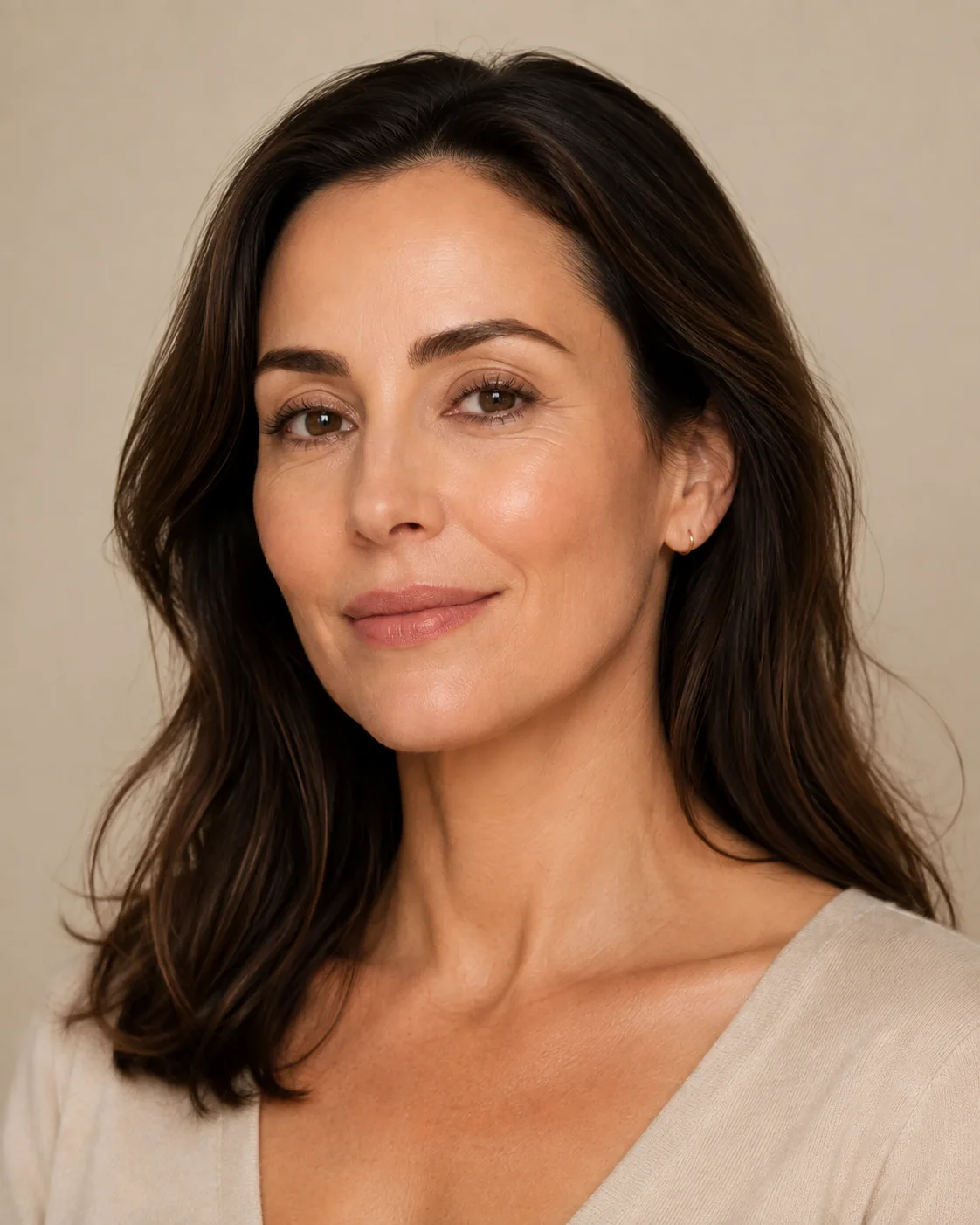 A woman photographed against a warm neutral background at Artistry Clinic.