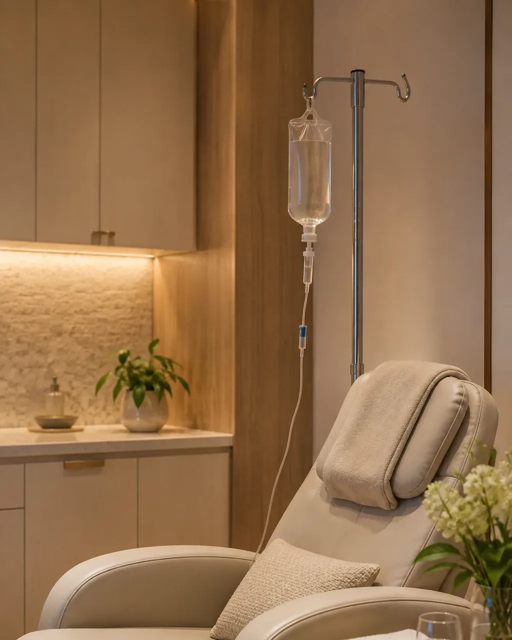 A reclining treatment chair and drip stand in the infusion room at Artistry Clinic.