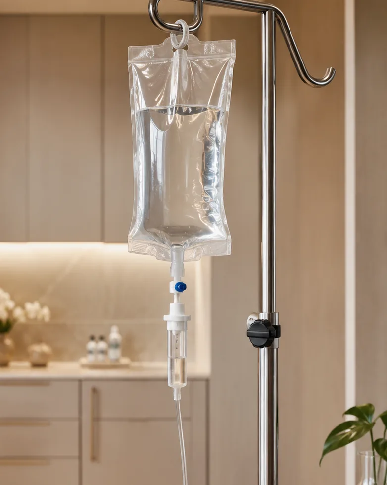 A close view of an intravenous drip bag and line on a stand in the infusion room at Artistry Clinic.