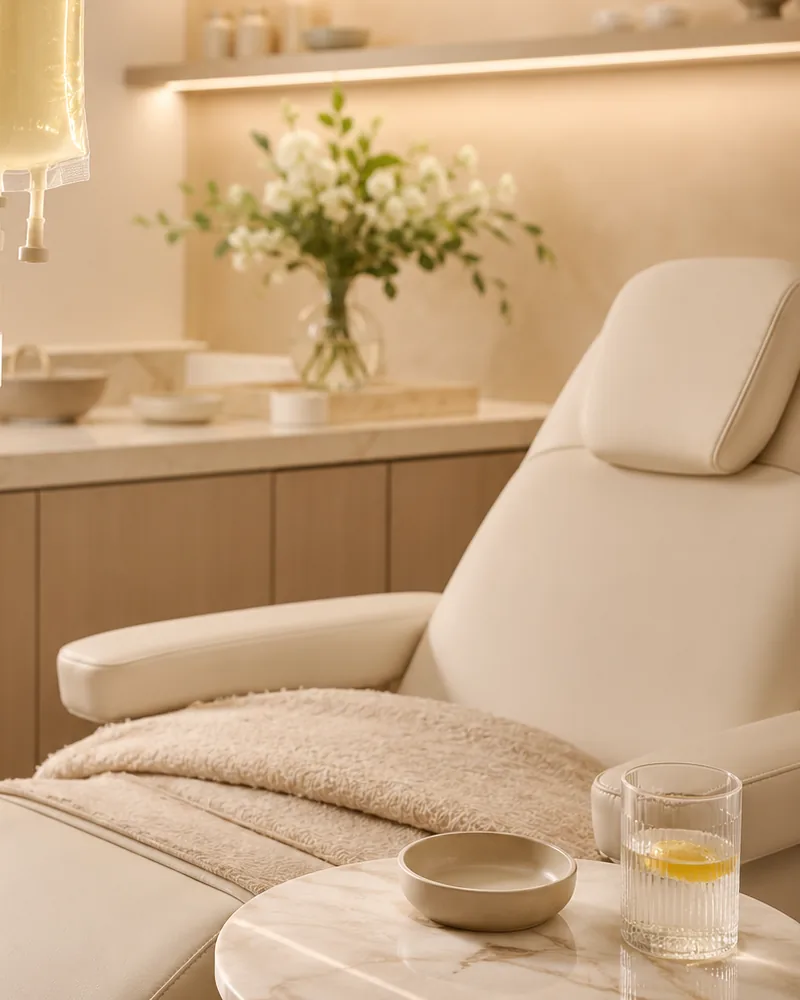A treatment chair and side table in the infusion room at Artistry Clinic.