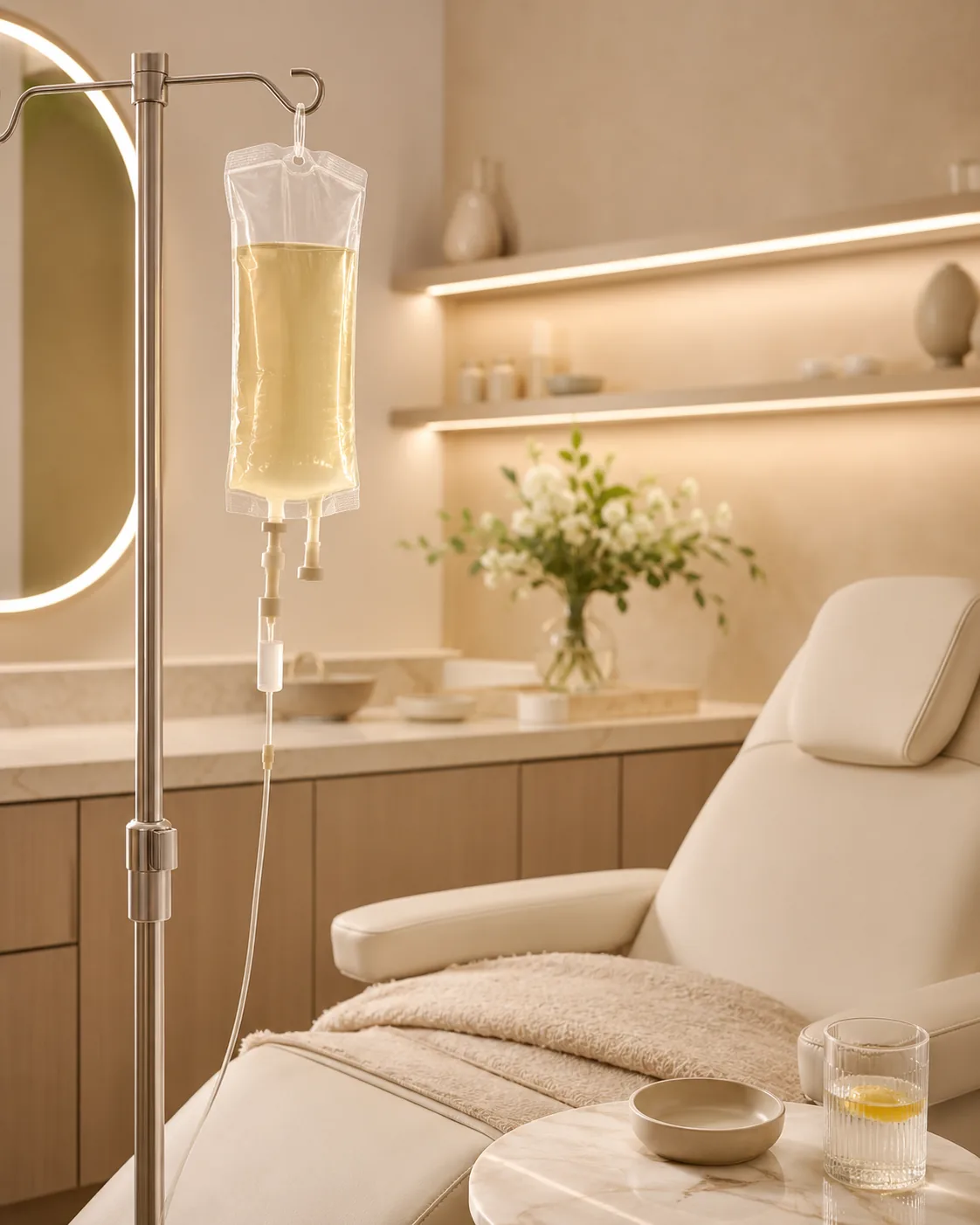 An intravenous drip bag on a stand beside a treatment chair in the infusion room at Artistry Clinic.