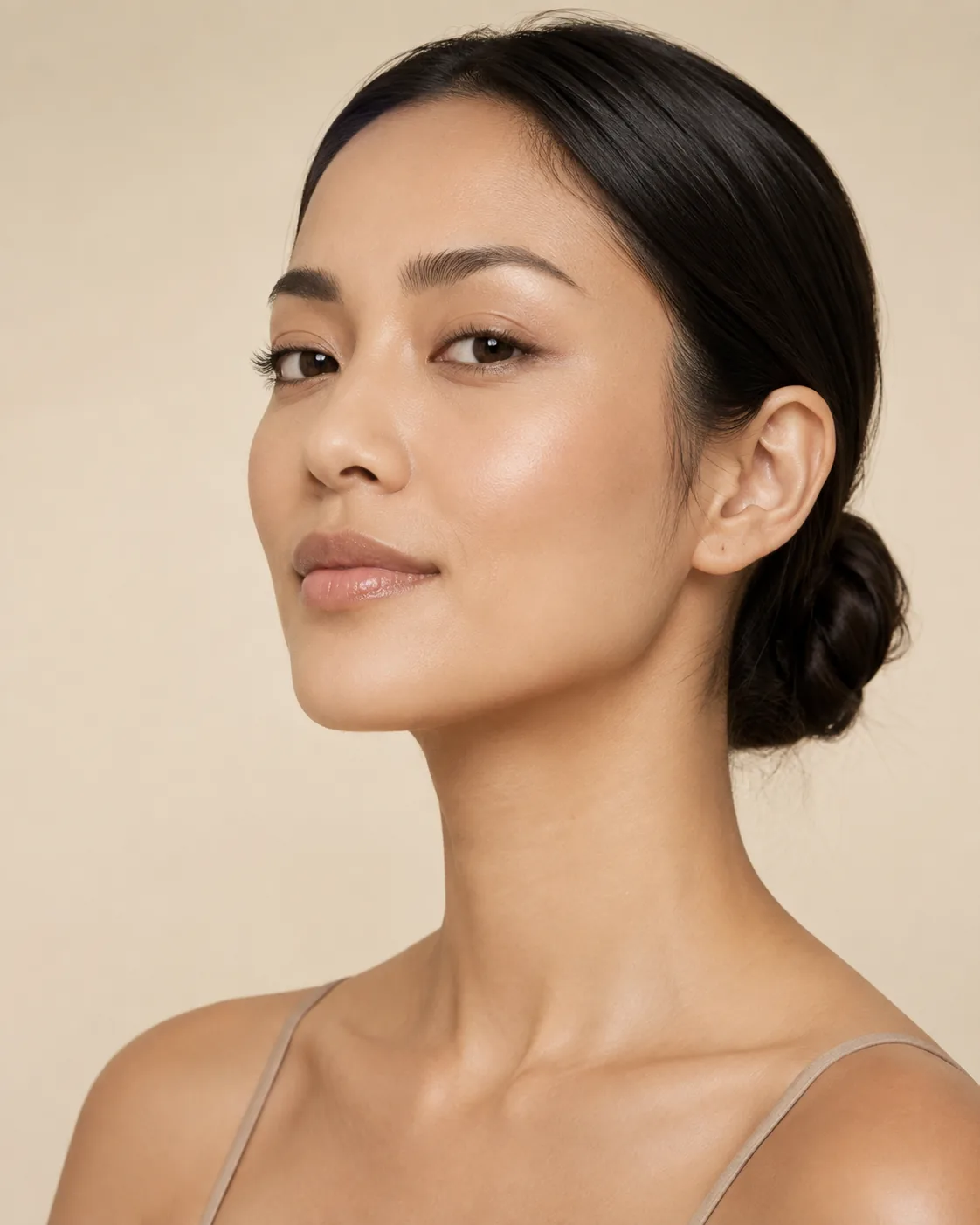 A woman photographed against a warm neutral background at Artistry Clinic.
