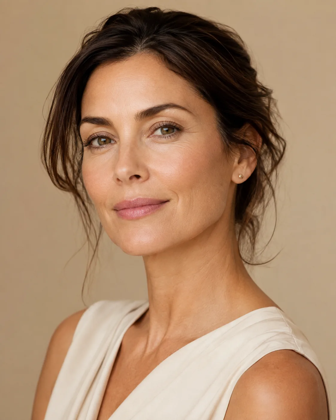 A woman photographed at a three-quarter angle against a warm neutral background at Artistry Clinic.