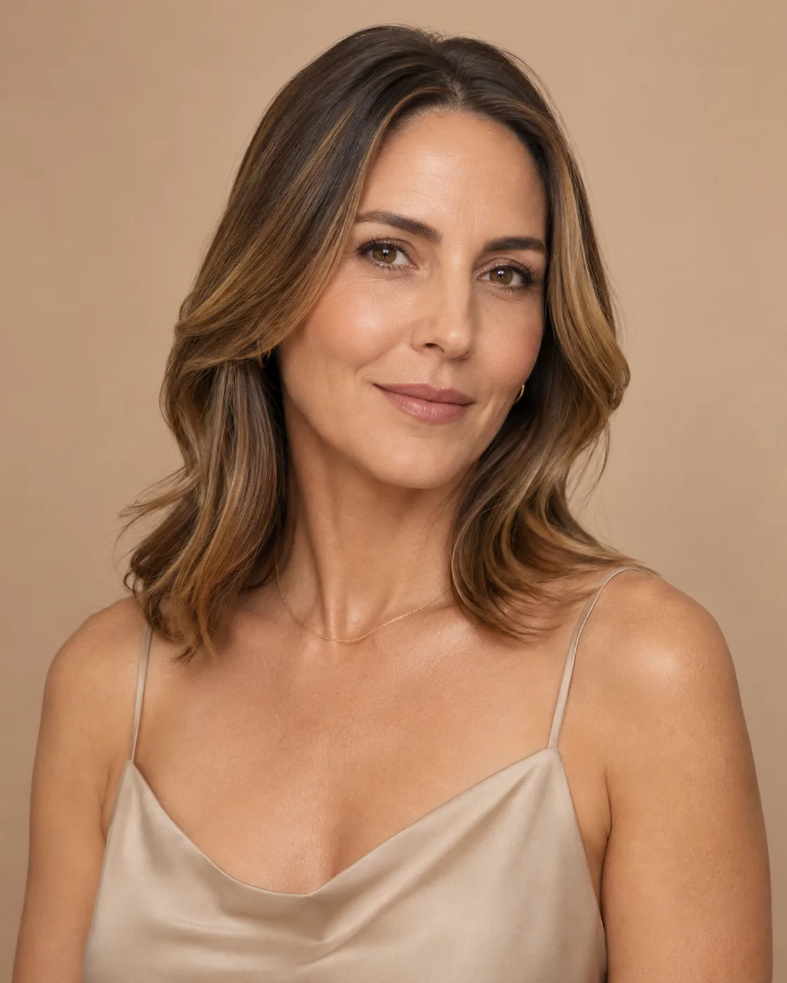 A woman photographed against a warm neutral background at Artistry Clinic.