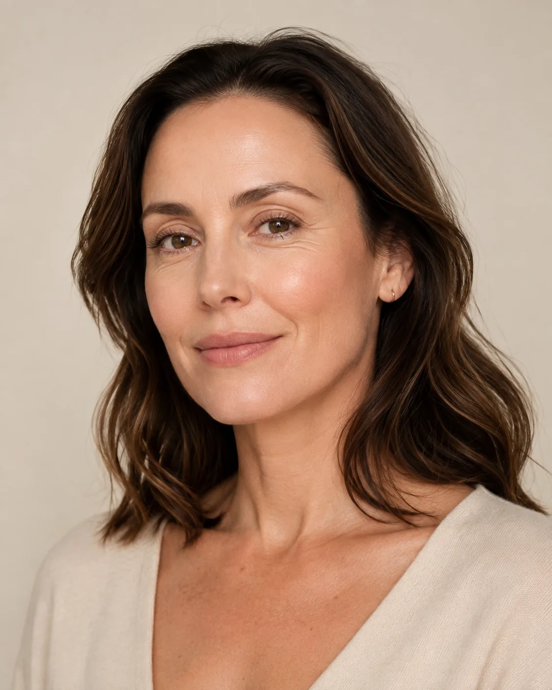 A woman photographed against a warm neutral background at Artistry Clinic.