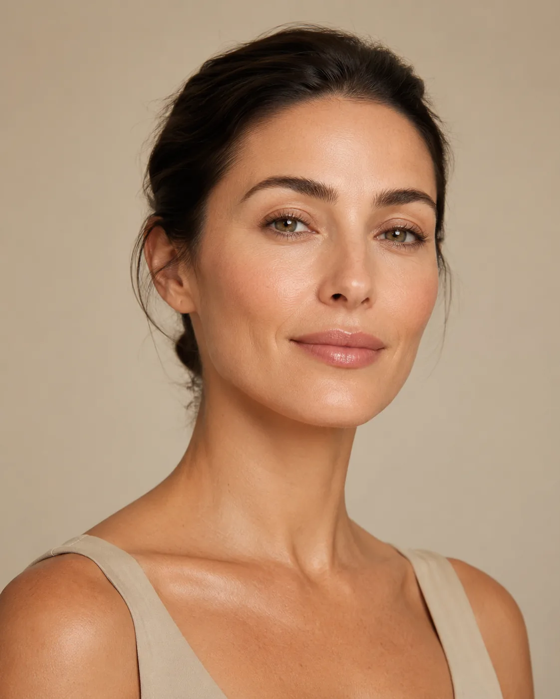 A woman photographed from the shoulders up against a warm neutral background at Artistry Clinic.