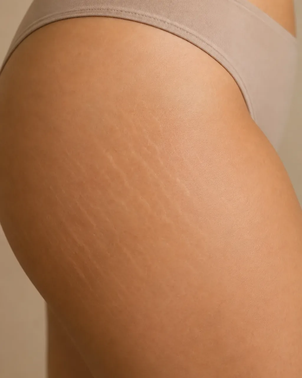 A close view of skin texture on the outer thigh.