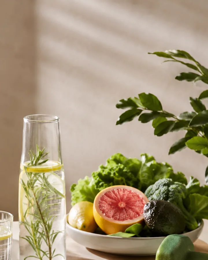 A carafe of water, a bowl of fresh produce and a plant arranged on a table in daylight.